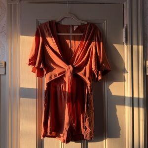 Burnt Orange Rust Tie Front Romper Flawless
